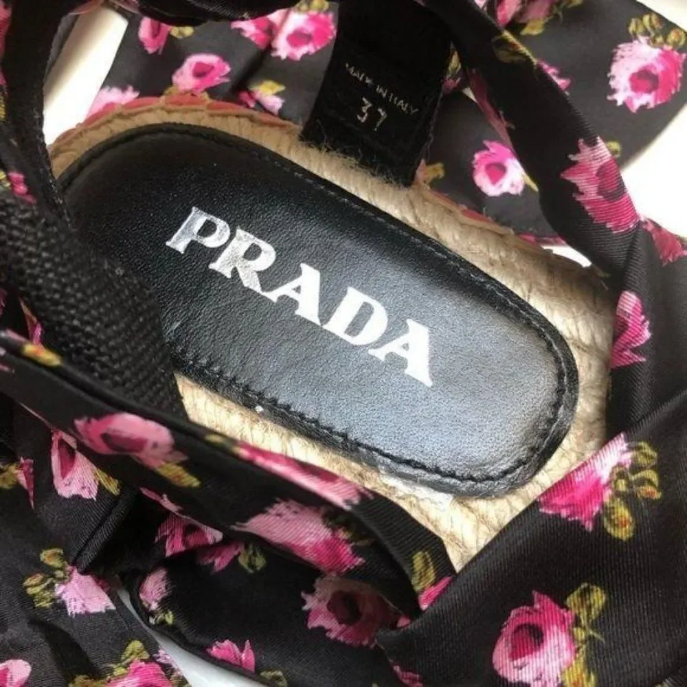 Prada Rose-Print Wraparound Platform Espadrille Sandals EU 37